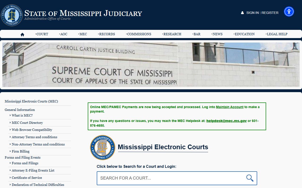 Yalobusha County court records access through the Mississippi Electronic Courts landing page