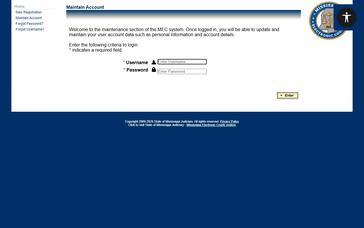Yalobusha County court records PAMEC public access registration page
