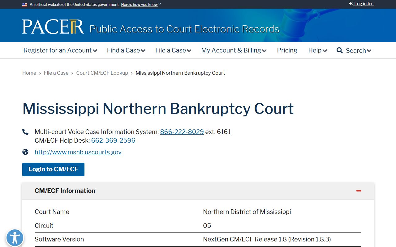 PACER bankruptcy lookup for Yalobusha County federal court records in Mississippi