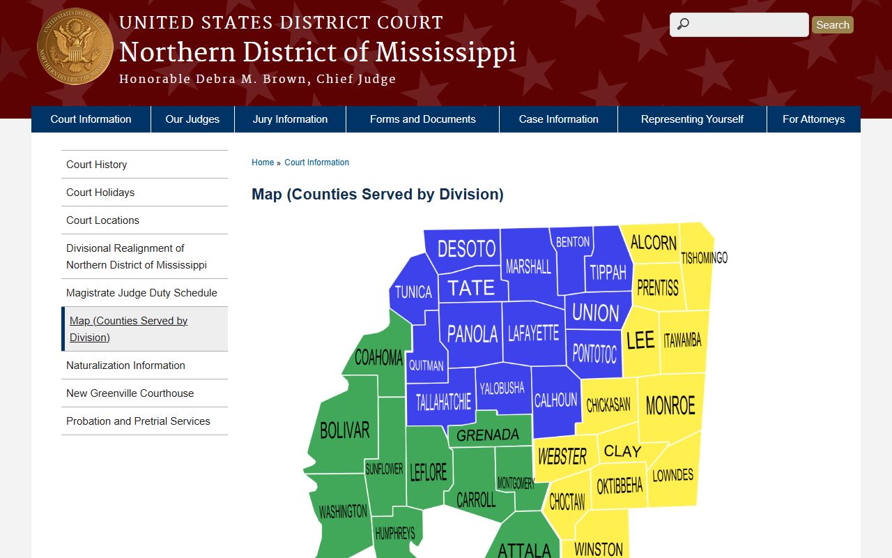Map page listing Yalobusha County among Northern District of Mississippi court records counties