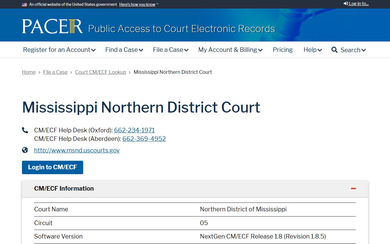 PACER lookup for Yalobusha County federal court records in the Mississippi Northern District