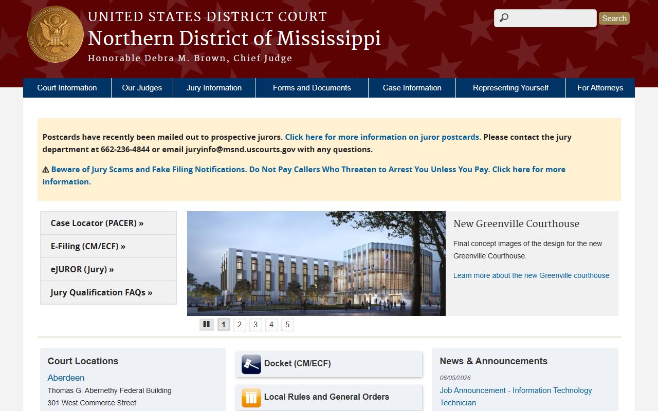 Yalobusha County federal court records on the Northern District of Mississippi homepage