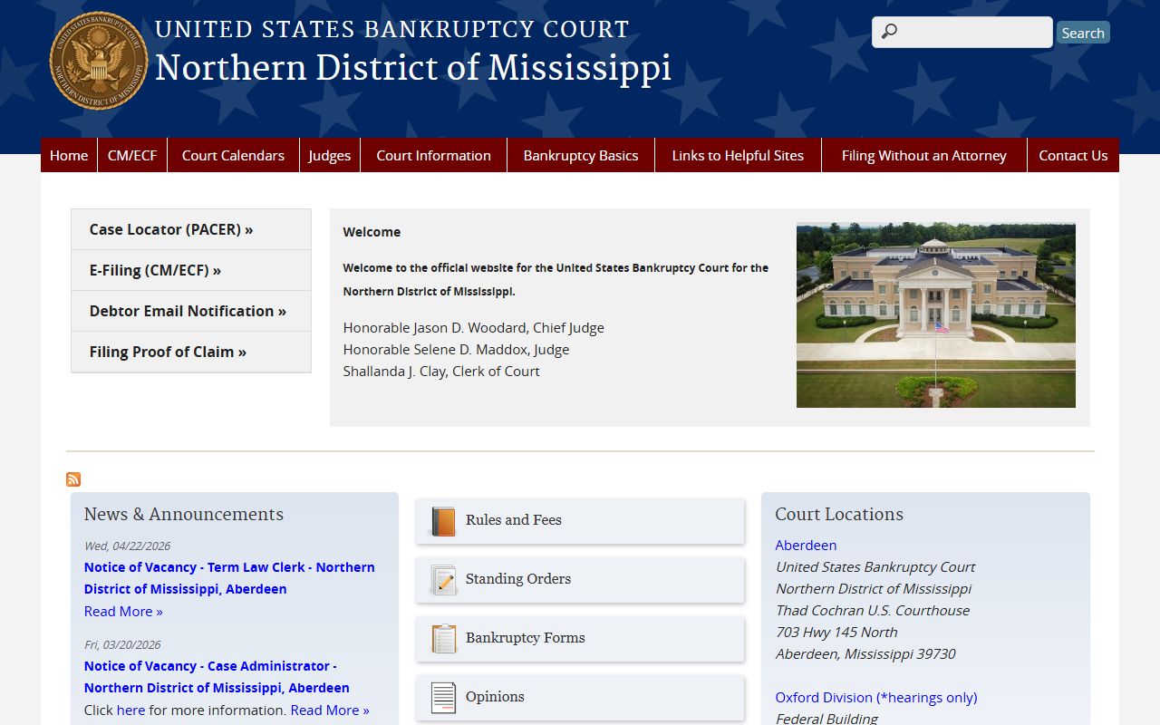 U.S. Bankruptcy Court site for Yalobusha County federal court records in the Northern District
