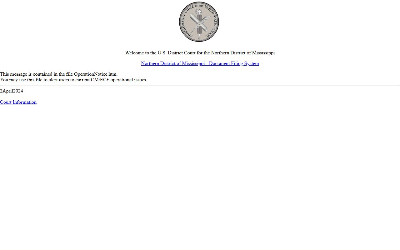 CM/ECF login for Yalobusha County federal court records in the Northern District