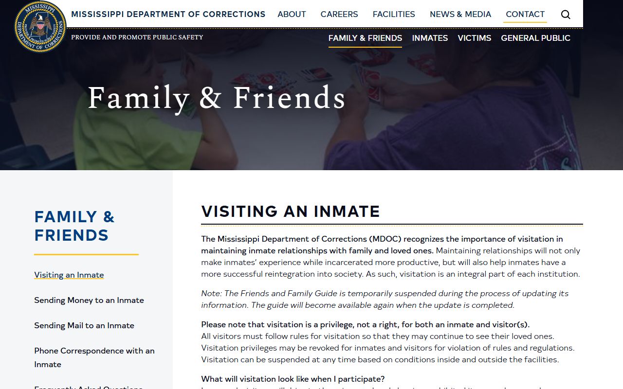 Yalobusha County inmate records MDOC family and friends visitation page