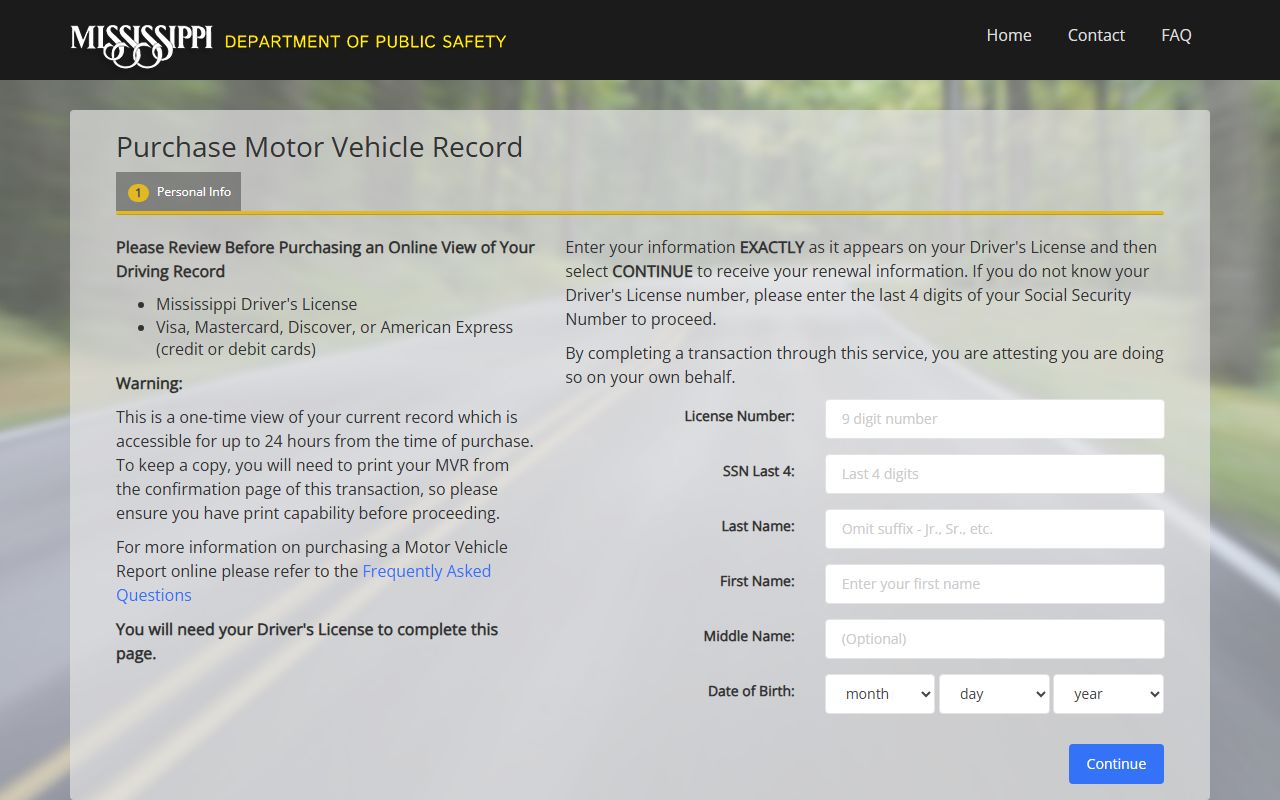 Yalobusha County traffic driver record purchase portal at Mississippi DPS