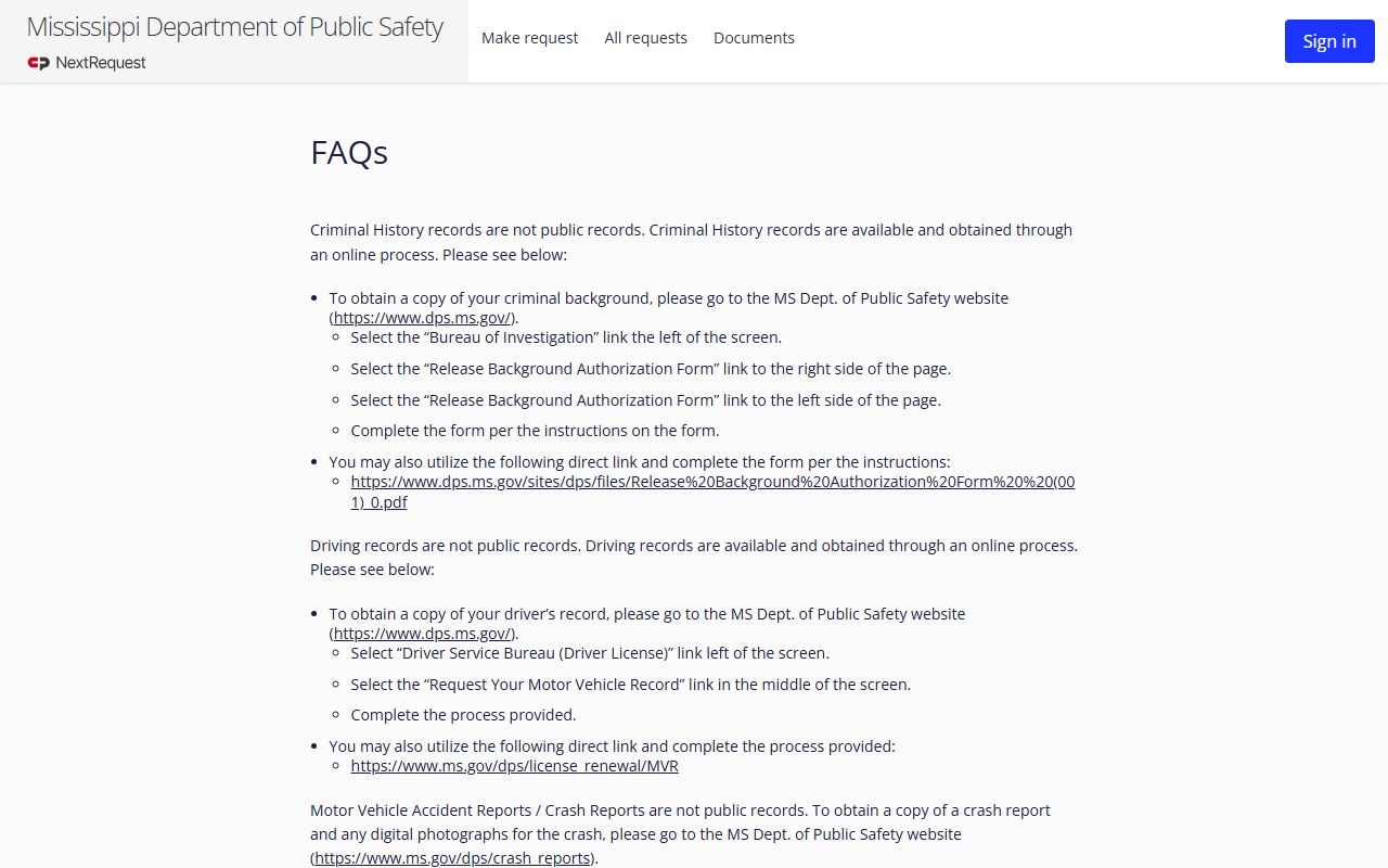 Yalobusha County traffic record public records request FAQ at Mississippi DPS