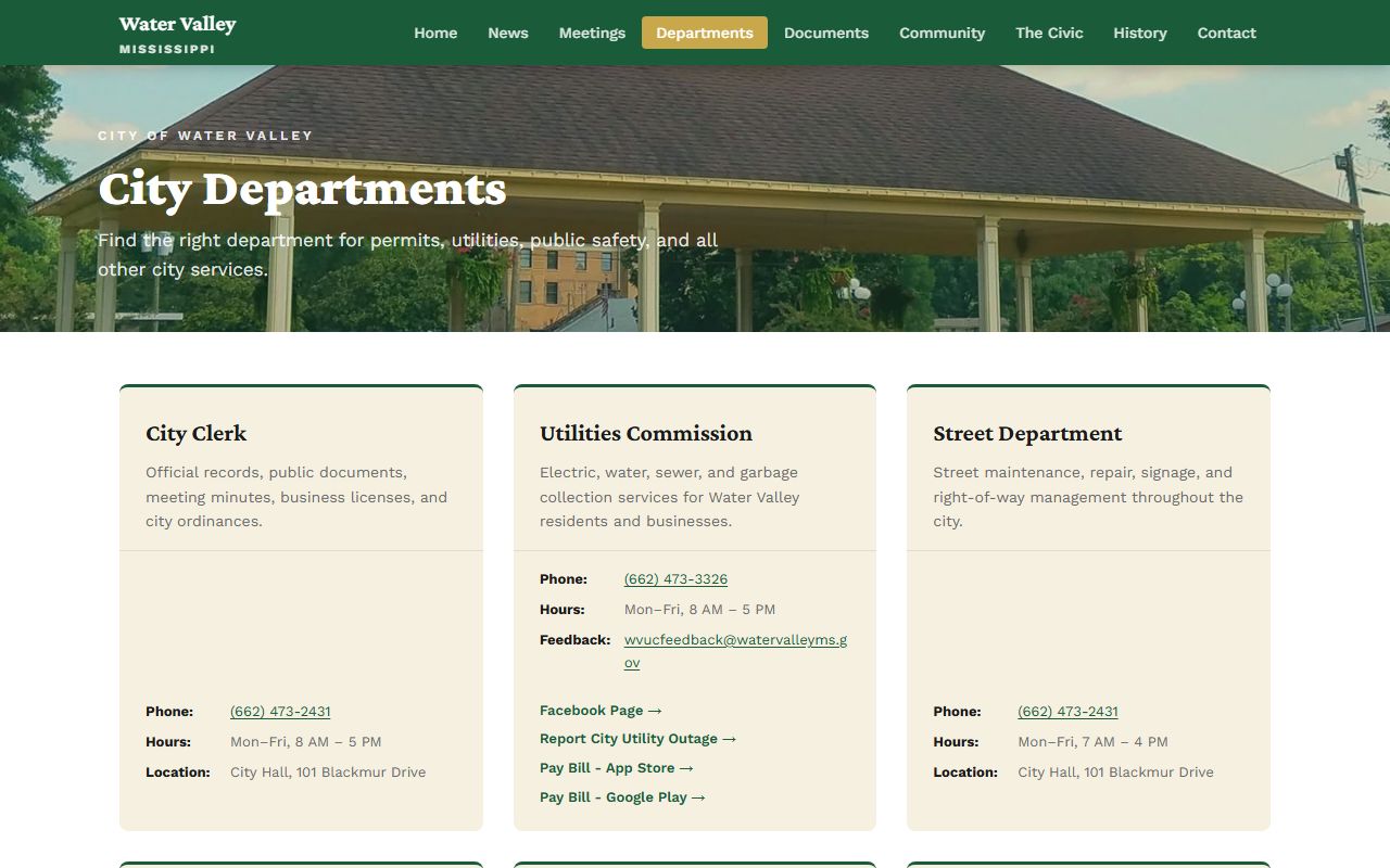 Water Valley departments page near the Yalobusha County court records office